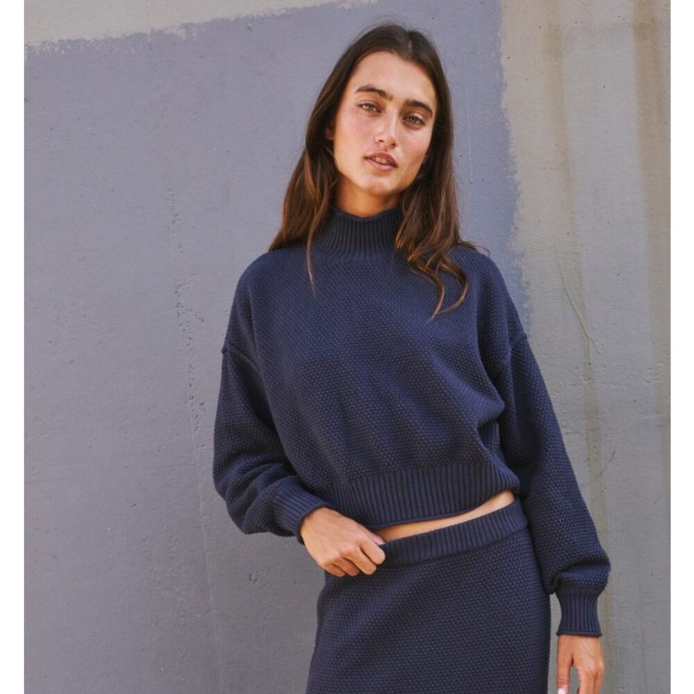 Free People Beach Hailee Navy Mock Neck Sweater